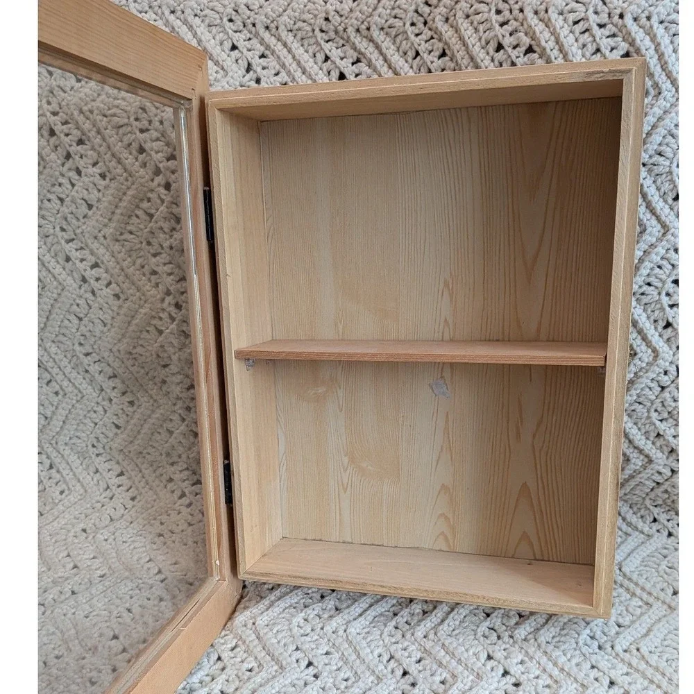 Natural Wood Shadow Box Display Case Hinged Glass Door Wall Hanging 16.5x13.5